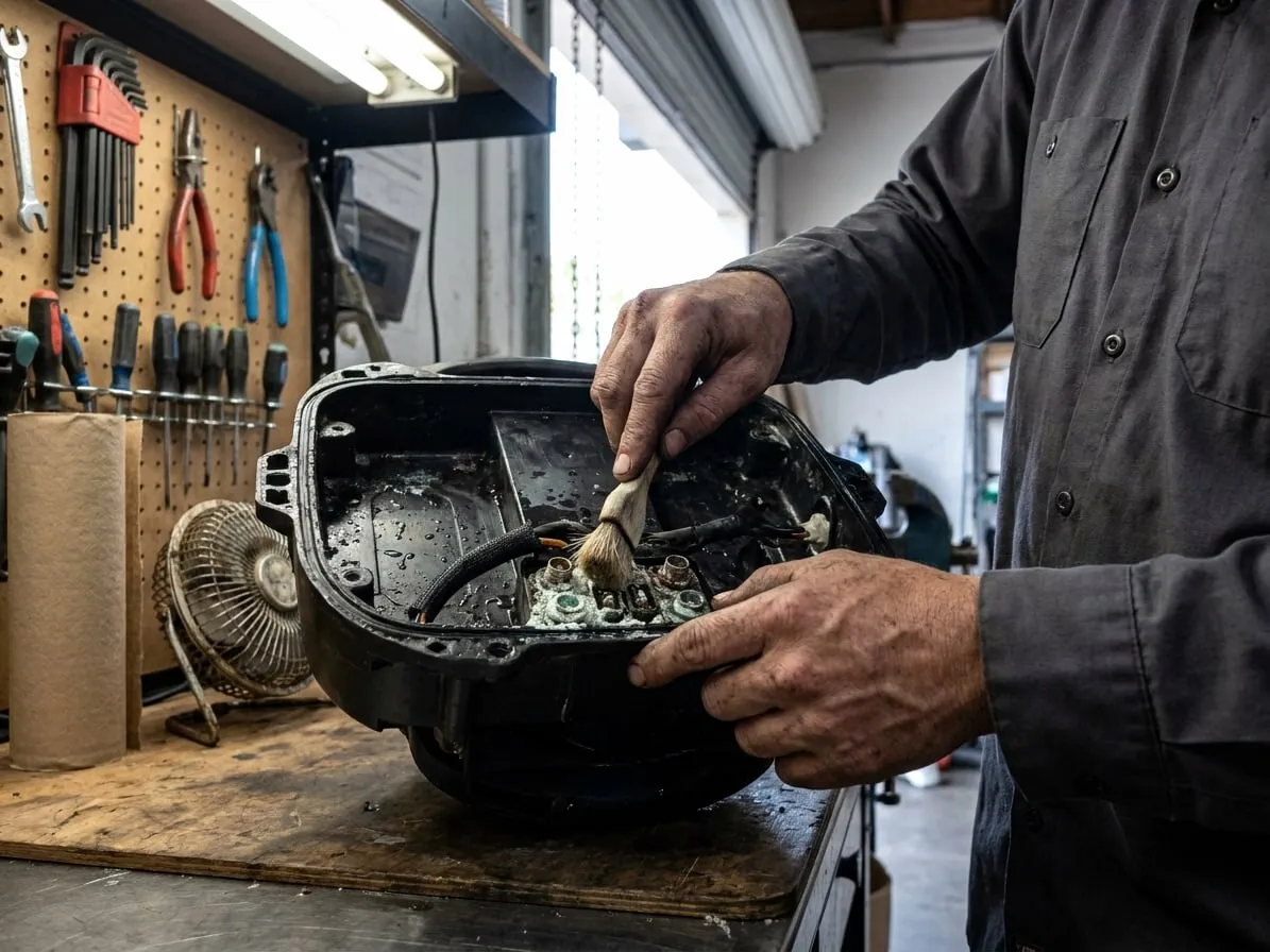 Technician brushing corrosion off the connectors inside an opened electric unicycle shell